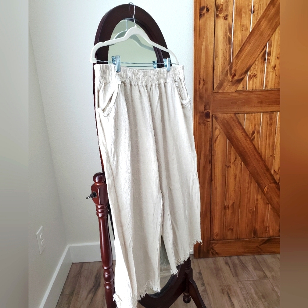 Umgee Wide Leg Linen Blend Frayed Pants - Picture 5 of 7